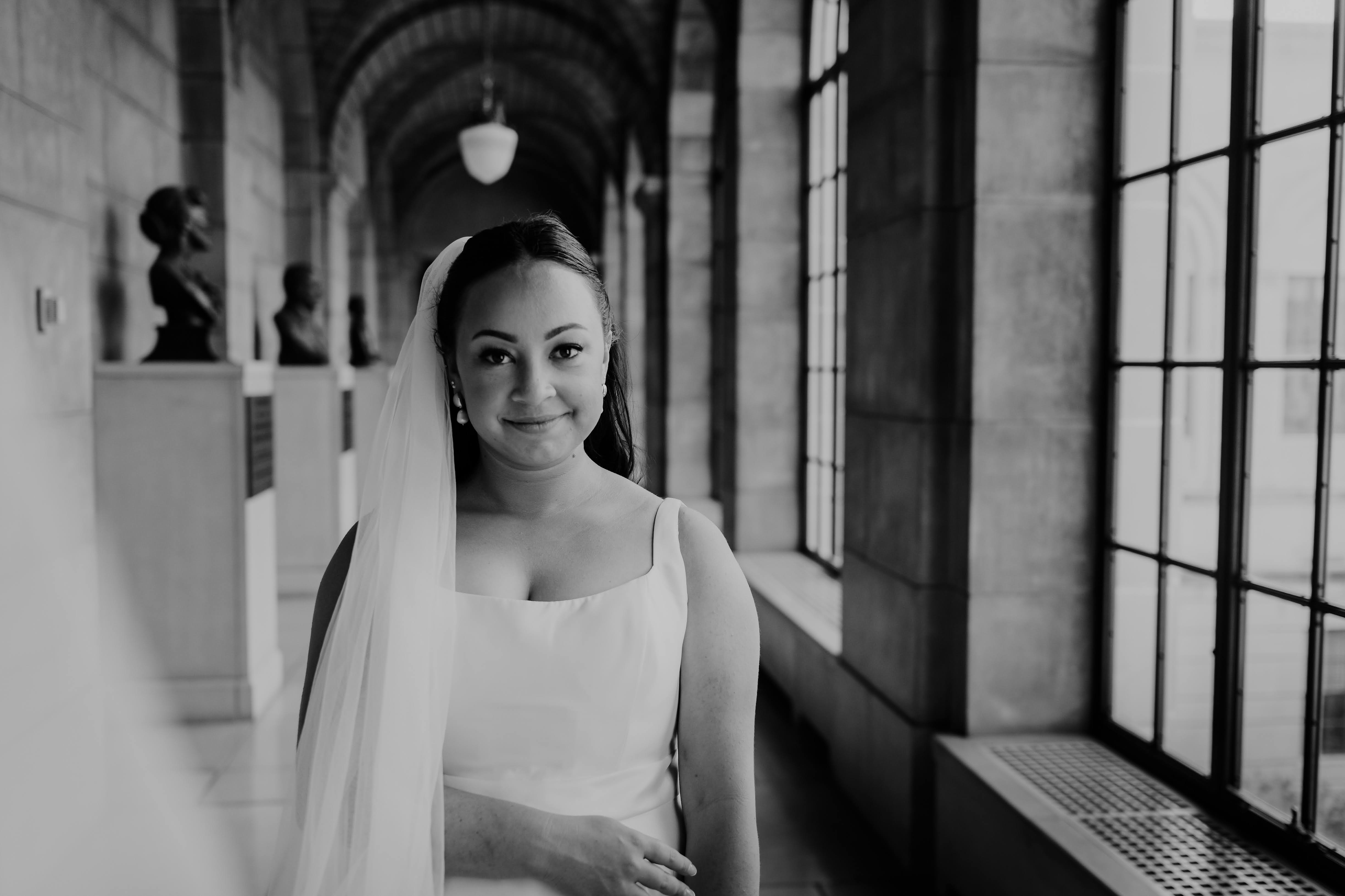 Erin in a black-and-white wedding portrait.